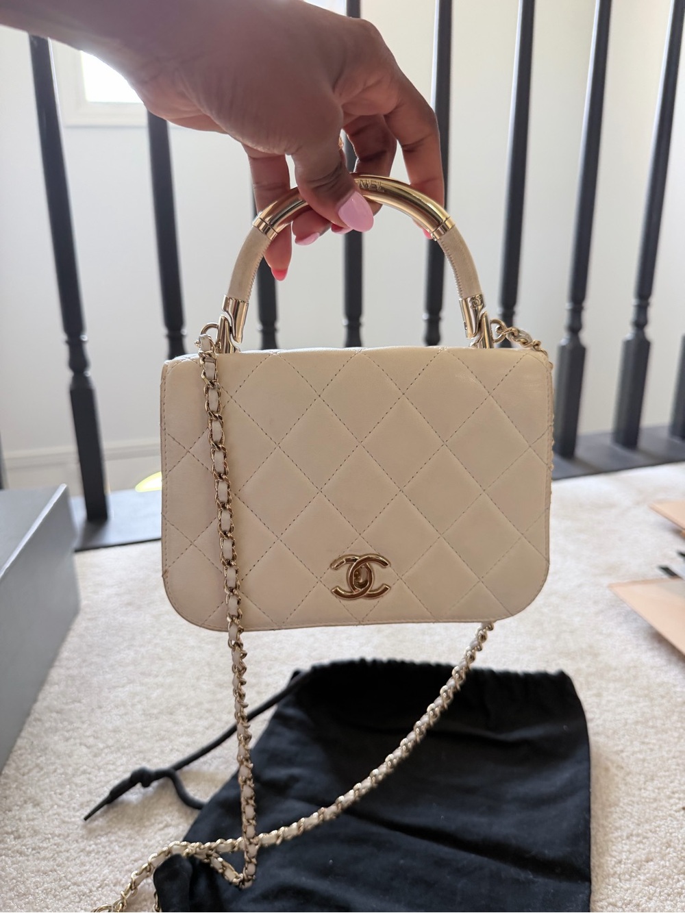 CHANEL Cream Quilted Top Handle Crossbody Bag with Gold Hardware